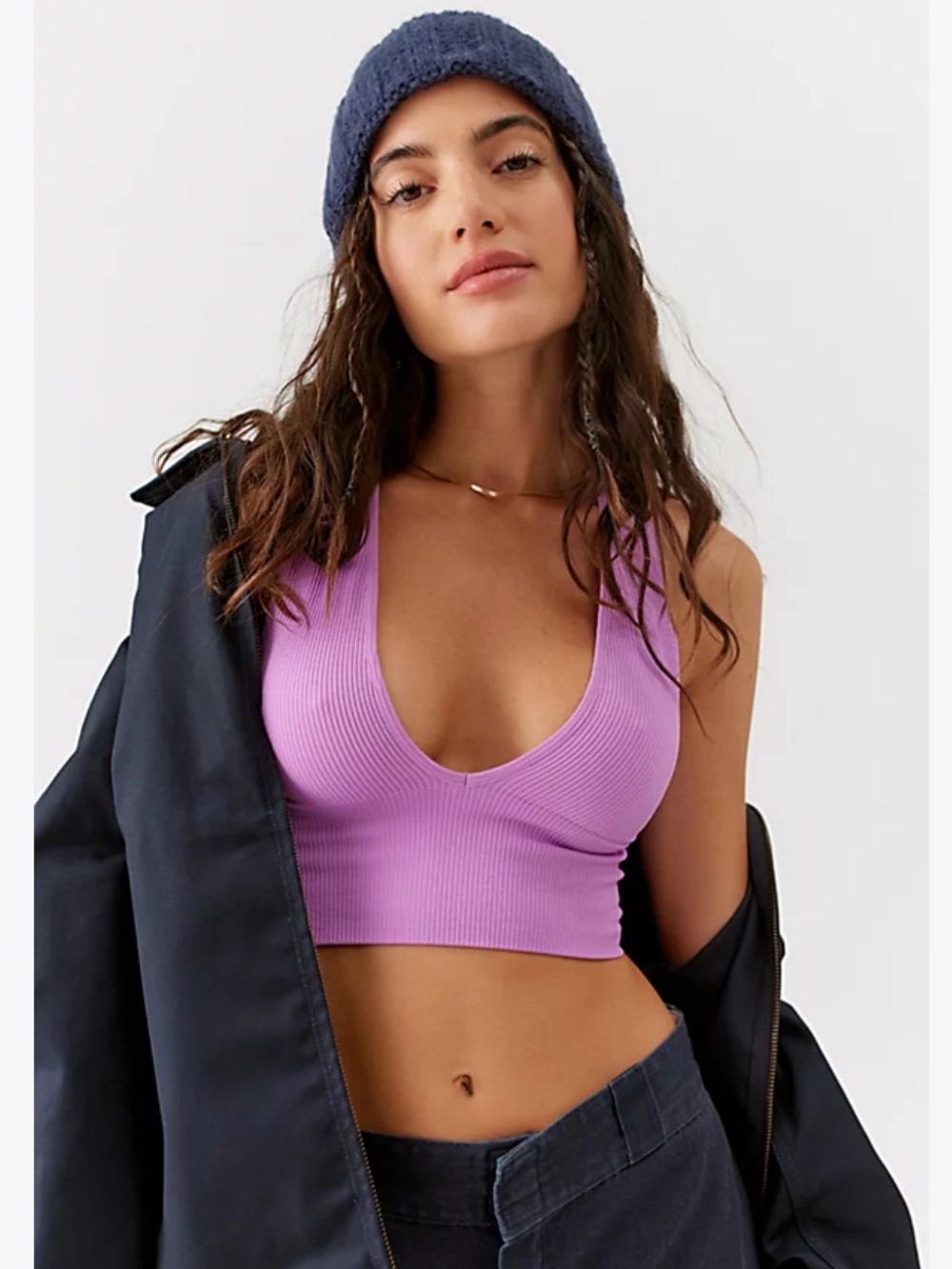 Urban Outfitters Out From Under Purple Ribbed Deep V Cropped Tank Medium